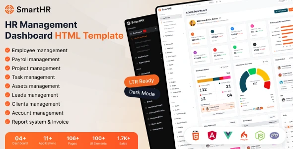 SmartHR – Html, Vue 3, Angular 19+ &amp; Node HR Project Management &amp; CRM Admin Dashboard Template